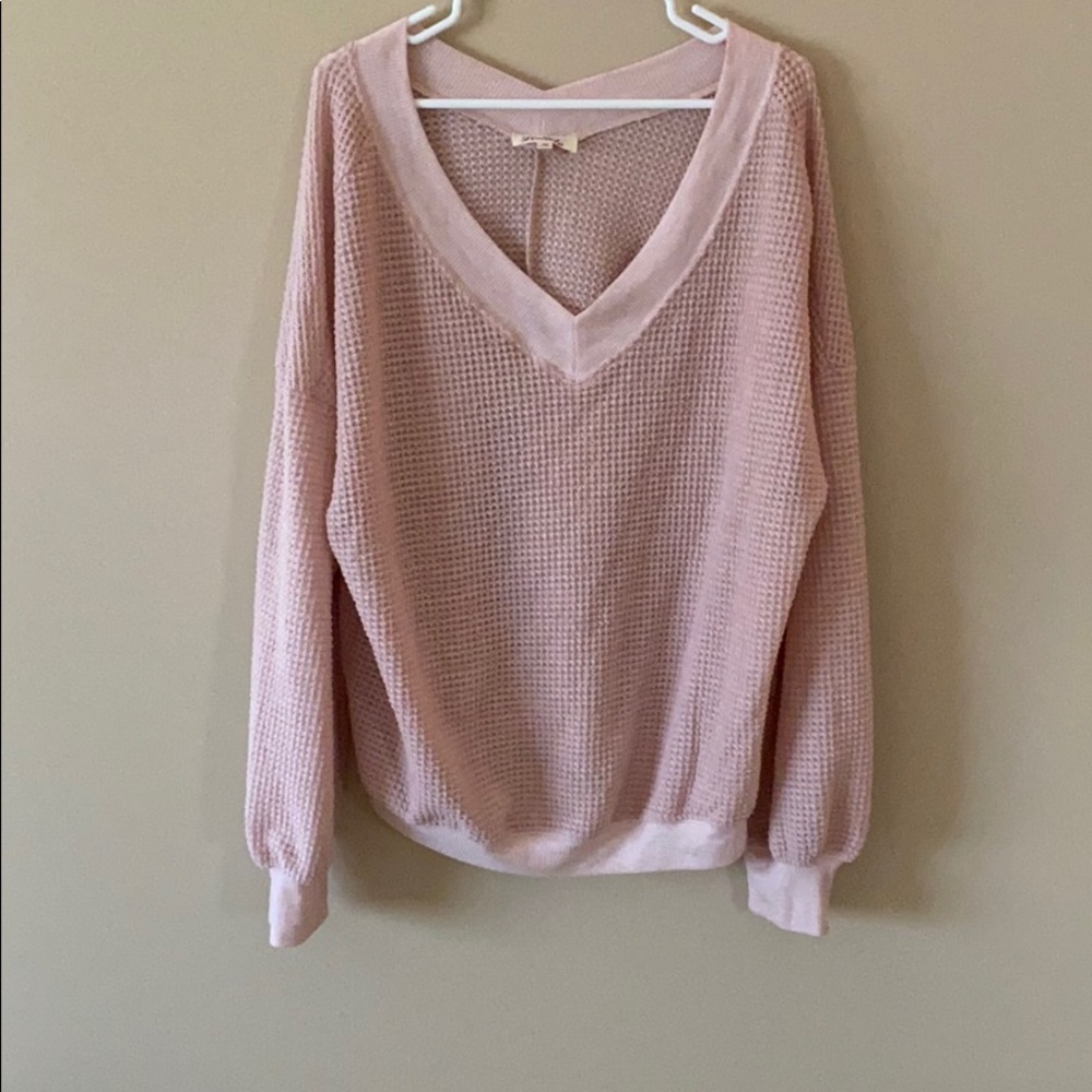 Oversized off the shoulder waffle knit top